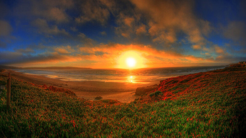Sunset over Ocean Beach — Orange, Dramatic, Photograph, Sand, Grass
