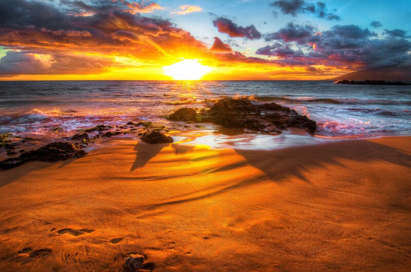 Sunset over Ocean Beach — Orange, Dramatic, Photograph, Sand, Rocks, Clouds