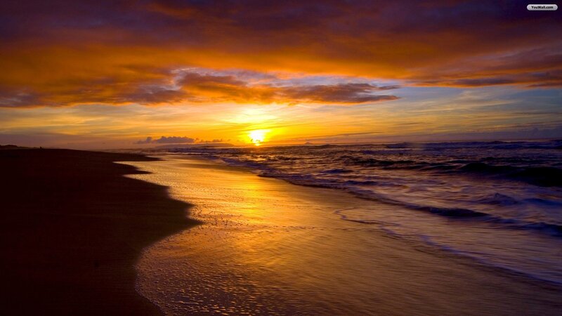 Sunset over Ocean Beach — Orange, Dramatic, Photograph, Sand