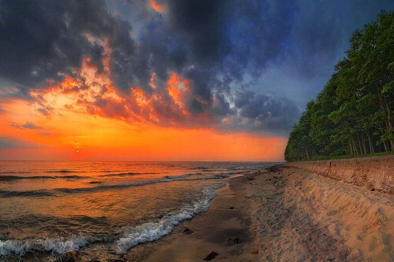 Sunset over Ocean Beach — Orange, Dramatic, Photograph, Sand, Trees
