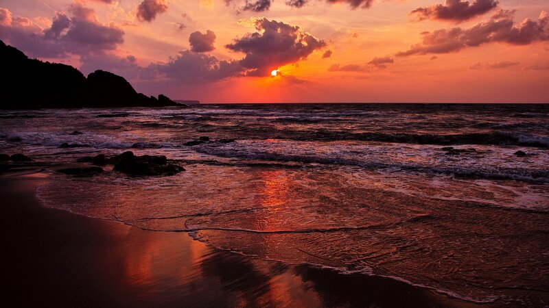 Sunset over Ocean Beach — Orange, Dramatic, Photograph, Sky, Rocks