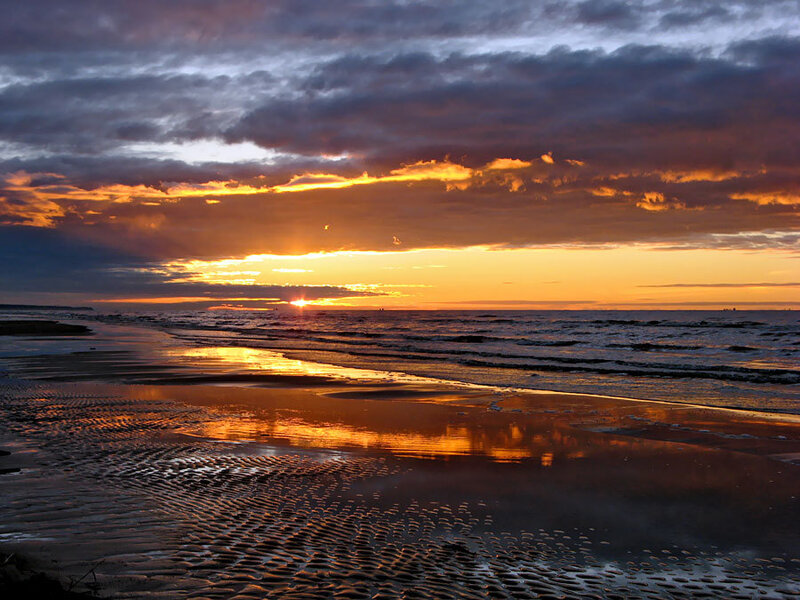 Sunset over Ocean Beach — Orange, Dramatic, Photograph, Sky, Sand