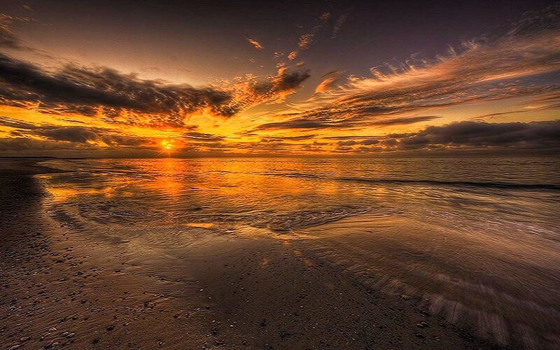 Sunset over Ocean Beach — Orange, Dramatic, Photograph, Sun, Clouds