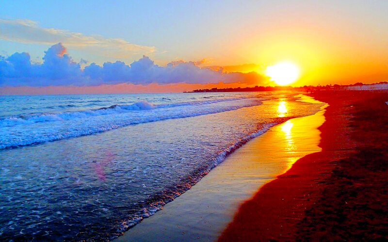 Sunset over Ocean Beach — Orange, Dramatic, Photograph, Sun, Waves