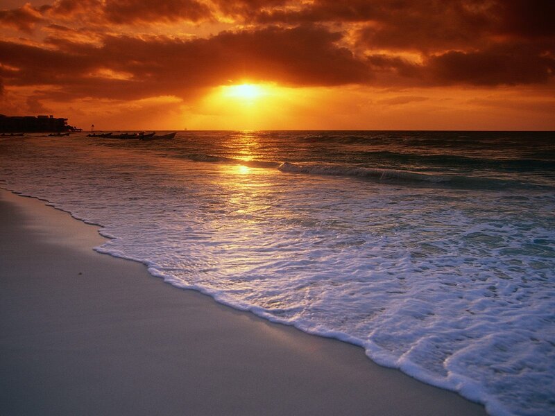 Sunset over Ocean Beach — Orange, Dramatic, Photograph, Waves, Boats