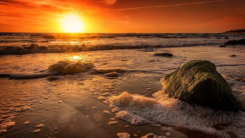 Sunset over Ocean Beach — Orange, Dramatic, Photograph, Waves, Rocks, Sky