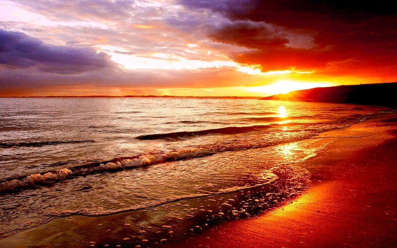 Sunset over Ocean Beach — Orange, Dramatic, Photograph, Waves, Sky