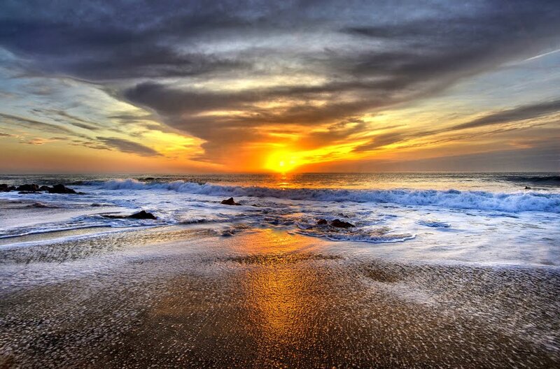 Sunset over Ocean Beach — Orange, Dramatic, Photograph, Waves