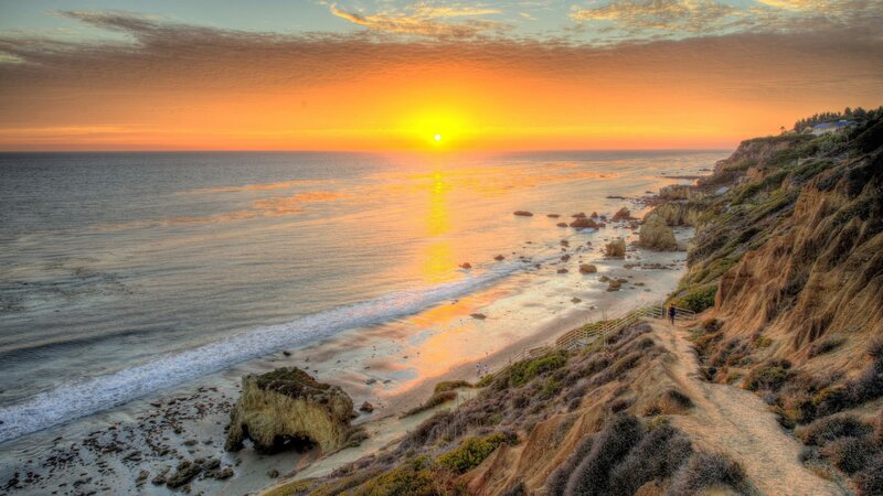 Sunset over Ocean Beach — Orange, Serene, Photograph, Cliffs