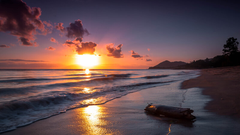 Sunset over Ocean Beach — Orange, Serene, Photograph, Clouds, Mountain