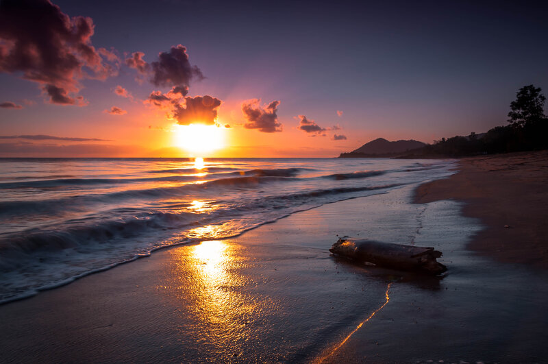 Sunset over Ocean Beach — Orange, Serene, Photograph, Driftwood