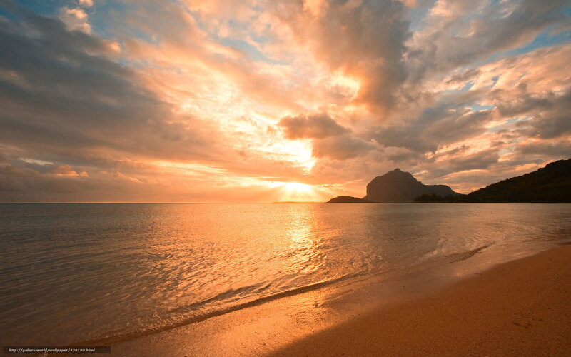 Sunset over Ocean Beach — Orange, Serene, Photograph, Mountain, Clouds
