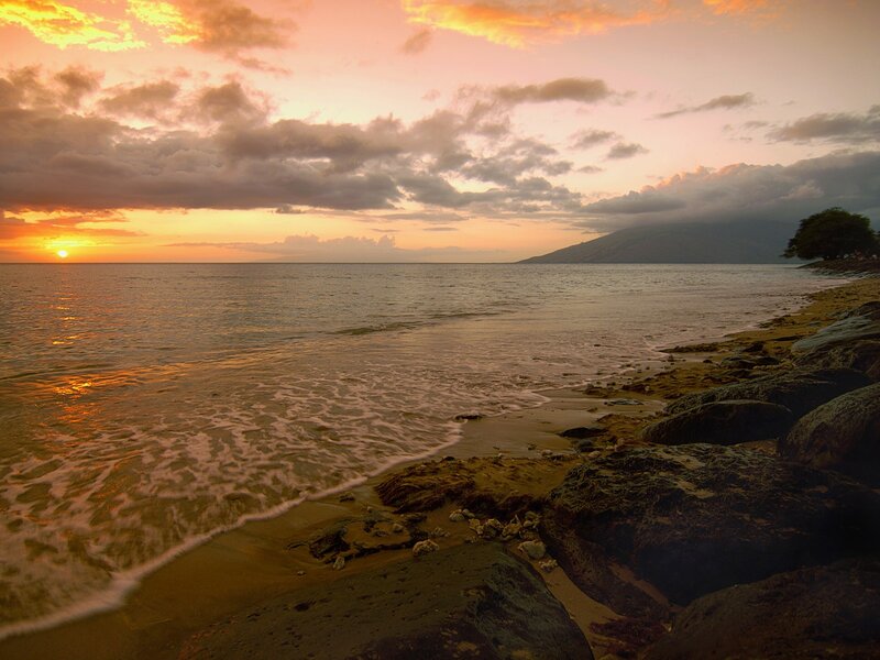 Sunset over Ocean Beach — Orange, Serene, Photograph, Mountain, Clouds, Tree