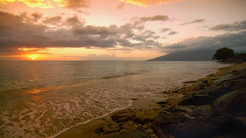 Sunset over Ocean Beach — Orange, Serene, Photograph, Mountain, Clouds, Yellow