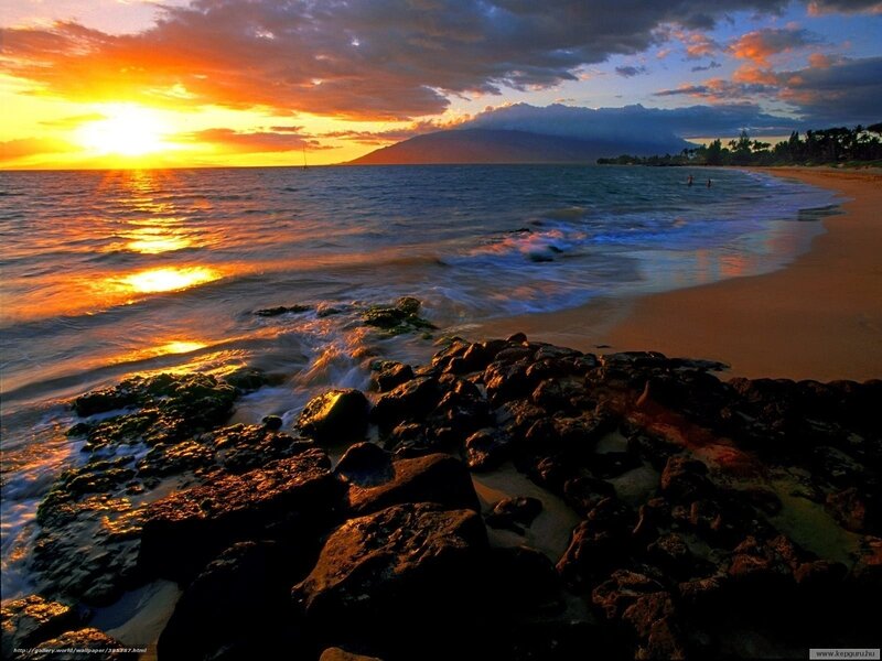 Sunset over Ocean Beach — Orange, Serene, Photograph, Rocks, Sand