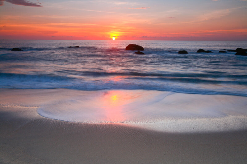 Sunset over Ocean Beach — Orange, Serene, Photograph, Rocks