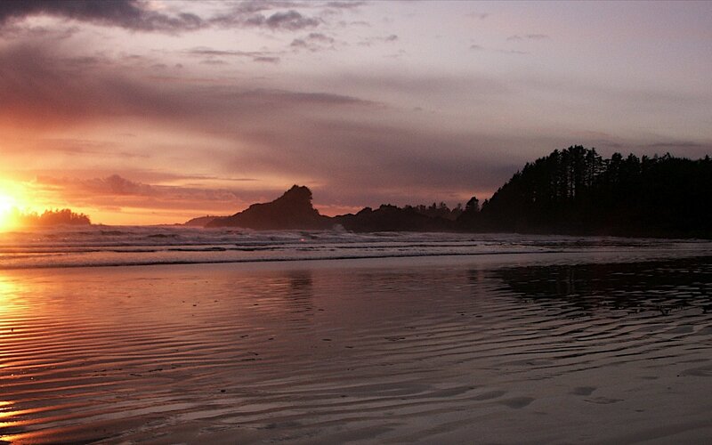 Sunset over Ocean Beach — Orange, Serene, Photograph, Rocks, Trees