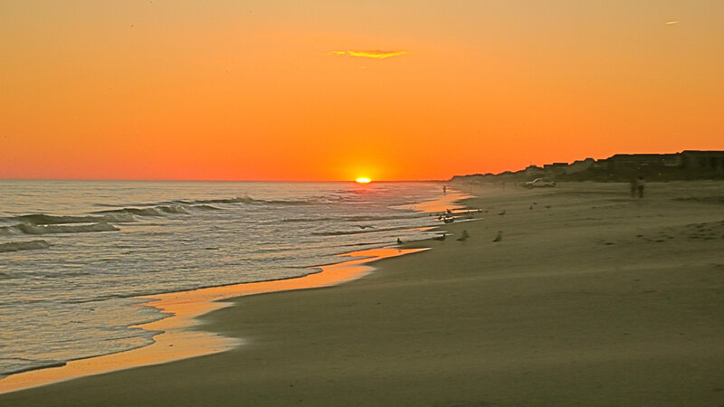 Sunset over Ocean Beach — Orange, Serene, Photograph, Sand, Birds, Yellow