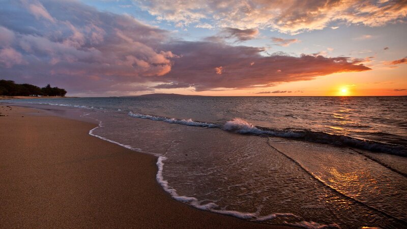Sunset over Ocean Beach — Orange, Serene, Photograph, Sand, Clouds, Blue, Brown