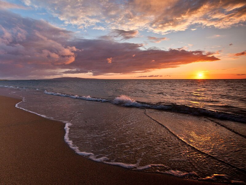 Sunset over Ocean Beach — Orange, Serene, Photograph, Sand, Clouds