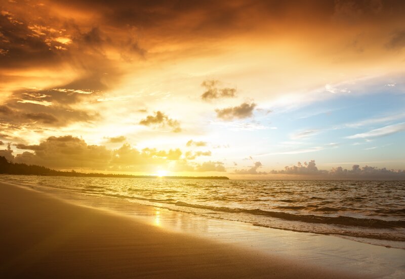 Sunset over Ocean Beach — Orange, Serene, Photograph, Sand, Clouds, Yellow