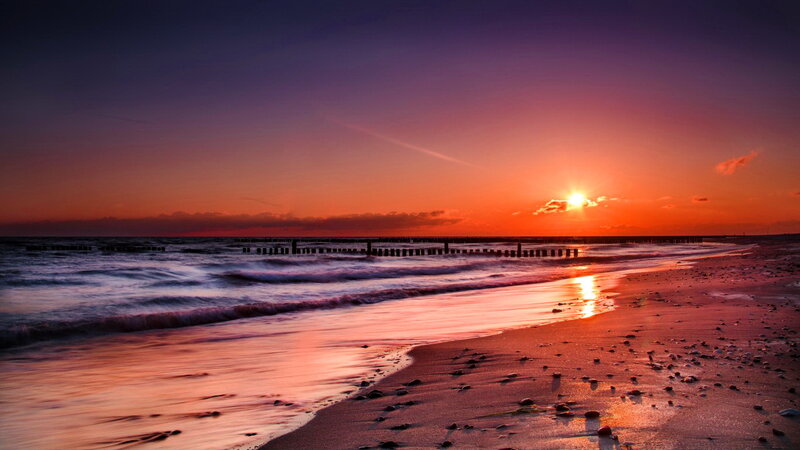Sunset over Ocean Beach — Orange, Serene, Photograph, Sand, Pier