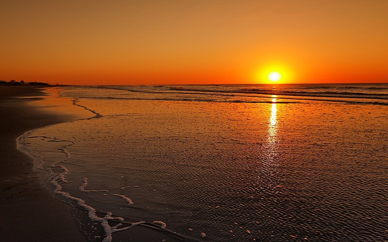 Sunset over Ocean Beach — Orange, Serene, Photograph, Sand, Sun