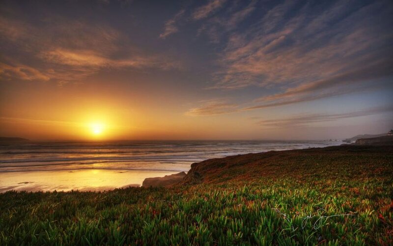 Sunset over Ocean Beach — Orange, Serene, Photograph, Sky, Grass