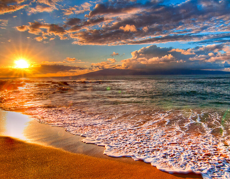 Sunset over Ocean Beach — Orange, Serene, Photograph, Sun, Clouds