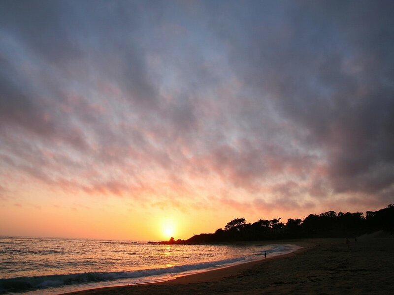 Sunset over Ocean Beach — Orange, Serene, Photograph, Trees, Pink