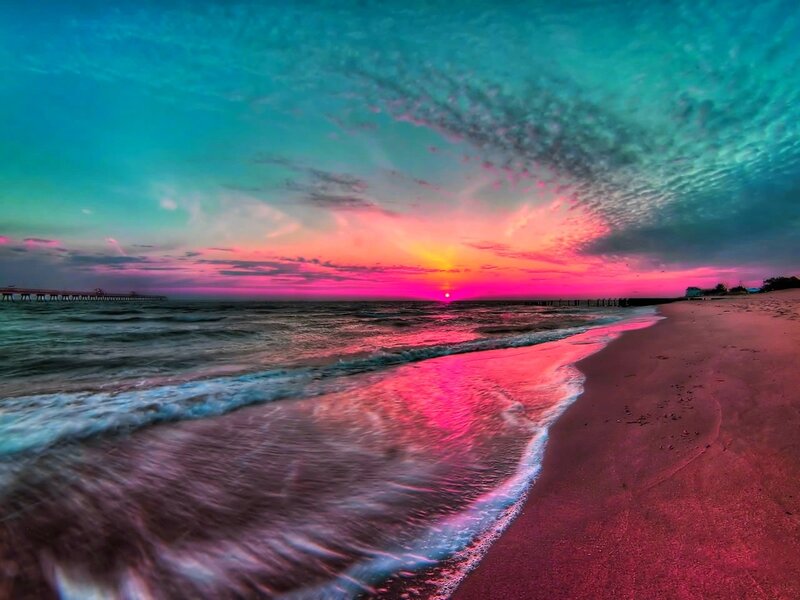 Sunset over Ocean Beach — Pink, Dramatic, Photograph, Pier