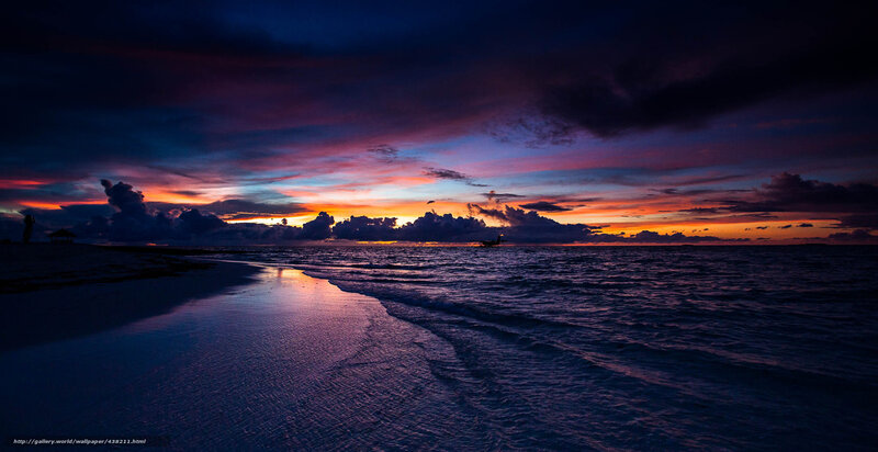 Sunset over Ocean Beach — Purple, Dramatic, Photograph, Clouds, Boat