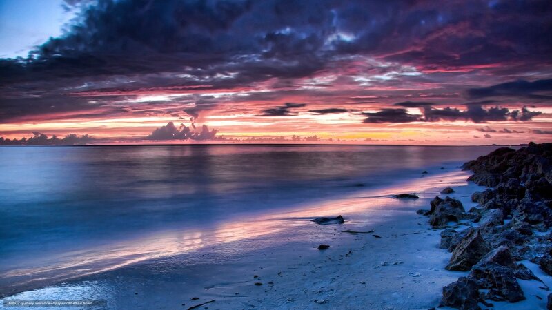 Sunset over Ocean Beach — Purple, Dramatic, Photograph, Clouds, Rocks