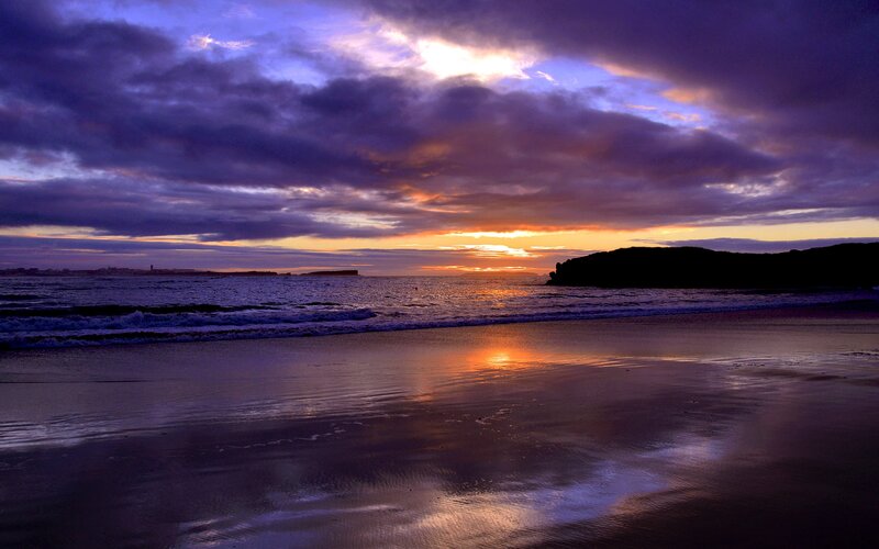 Sunset over Ocean Beach — Purple, Dramatic, Photograph, Clouds, Sand