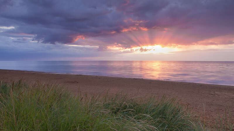 Sunset over Ocean Beach — Purple, Dramatic, Photograph, Sand Dunes