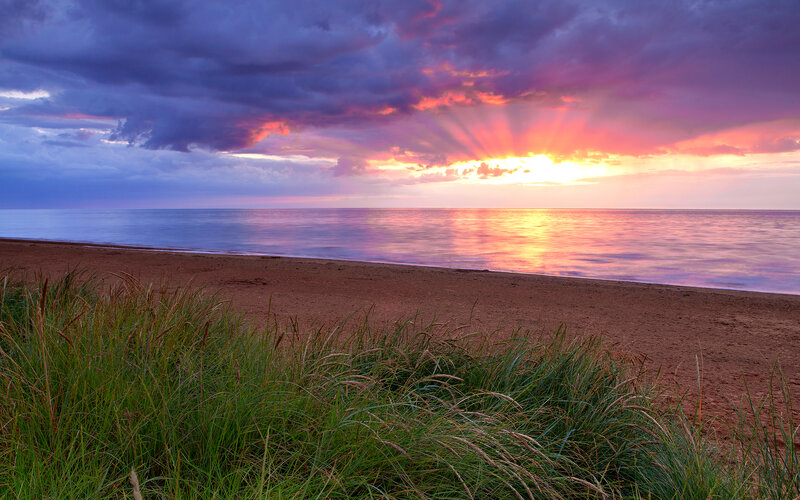 Sunset over Ocean Beach — Purple, Dramatic, Photograph, Sand