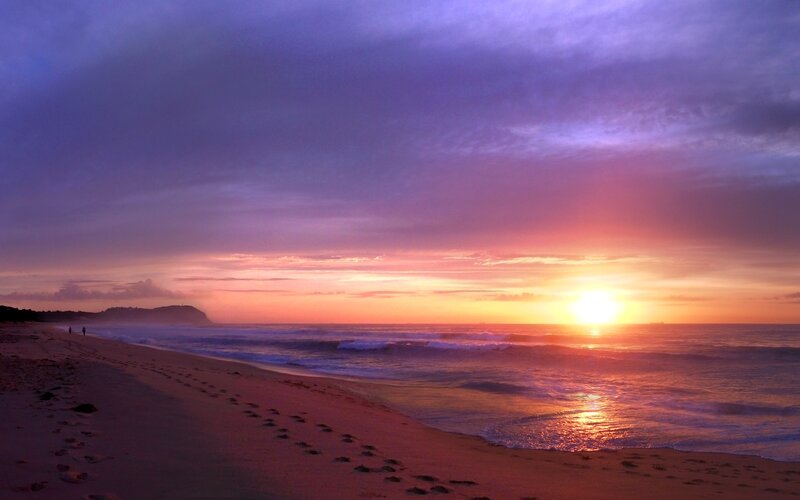 Sunset over Ocean Beach — Purple, Serene, Photograph, Footprints