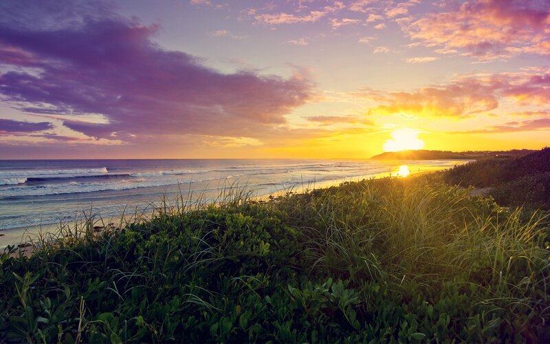 Sunset over Ocean Beach — Purple, Serene, Photograph, Sand Dunes, Clouds