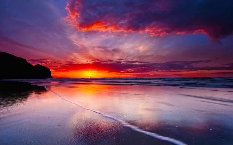 Sunset over Ocean Beach — Red, Dramatic, Photograph, Sky, Cliff