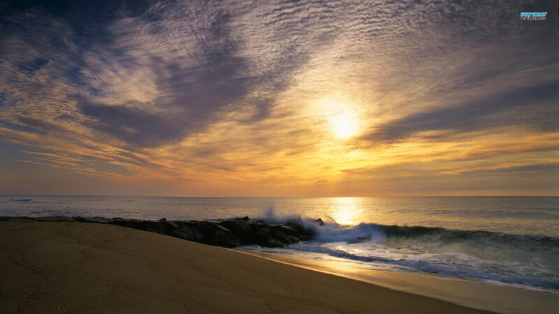 Sunset over Ocean Beach — Yellow, Serene, Photograph, Sand