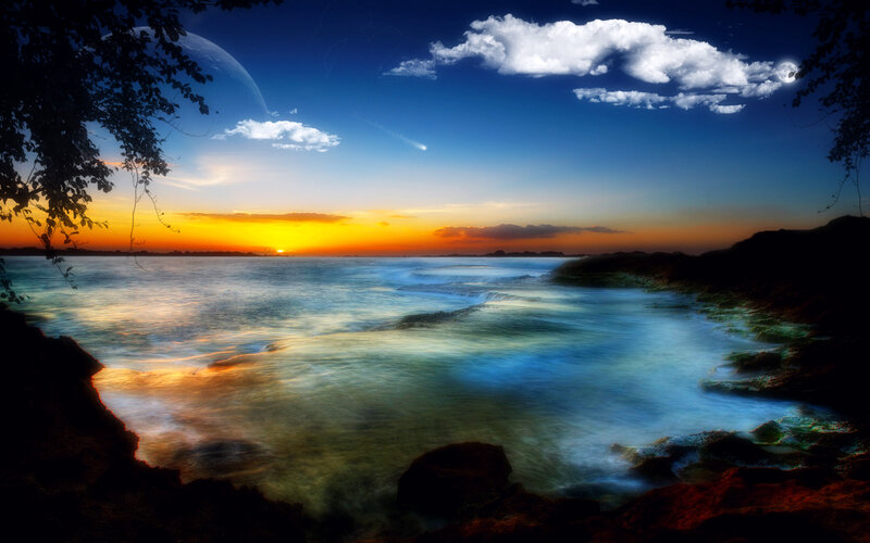 Sunset over Ocean — Blue, Dramatic, Digital Art, Planet