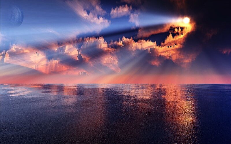 Sunset over Ocean — Blue, Dramatic, Digital Art, Sun, Clouds, Moon