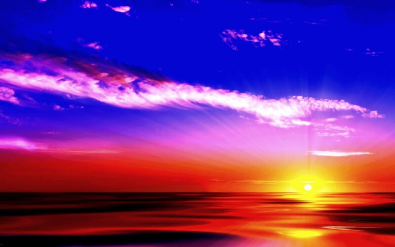 Sunset over Ocean — Blue, Dramatic, Digital Art, Sun, Clouds