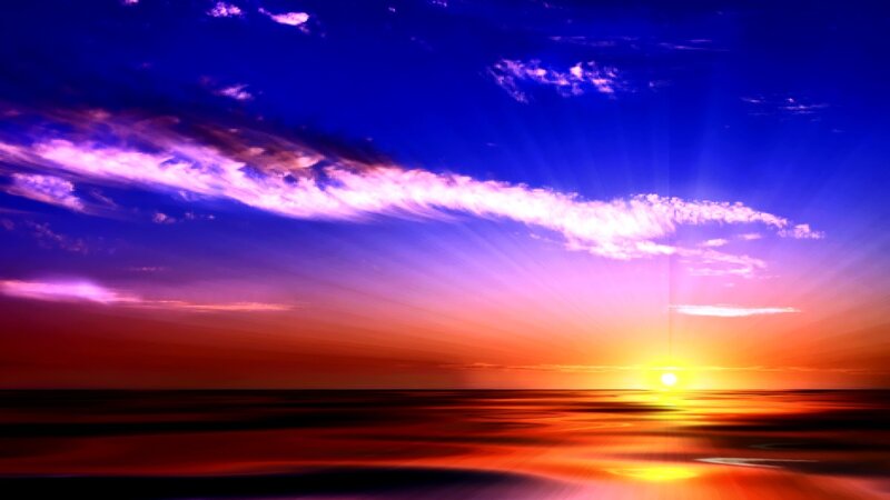Sunset over Ocean — Blue, Dramatic, Digital Art, Sun, Clouds, Water