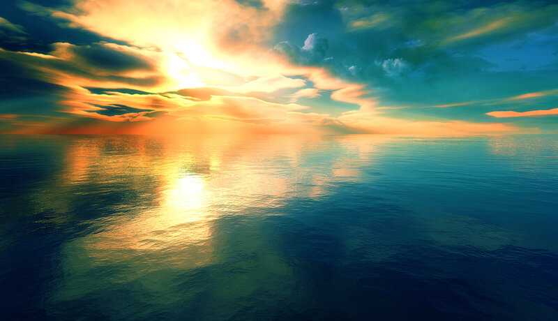 Sunset over Ocean — Blue, Dramatic, Digital Art