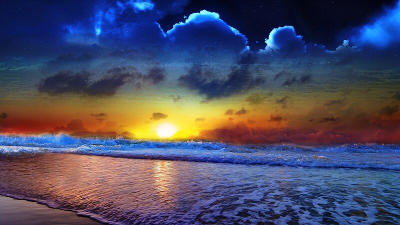 Sunset over Ocean — Blue, Dramatic, Digital Art, Waves