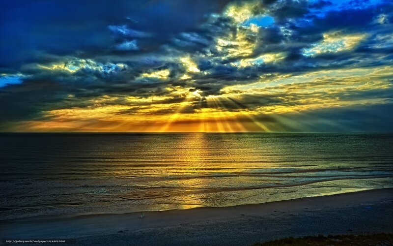 Sunset over Ocean — Blue, Dramatic, Photograph, Beach, Clouds, Sun Rays