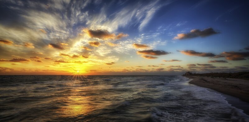 Sunset over Ocean — Blue, Dramatic, Photograph, Beach, Clouds, Sun