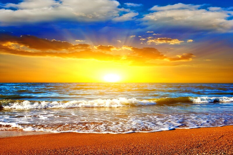 Sunset over Ocean — Blue, Dramatic, Photograph, Beach, Waves