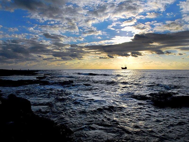 Sunset over Ocean — Blue, Dramatic, Photograph, Boat